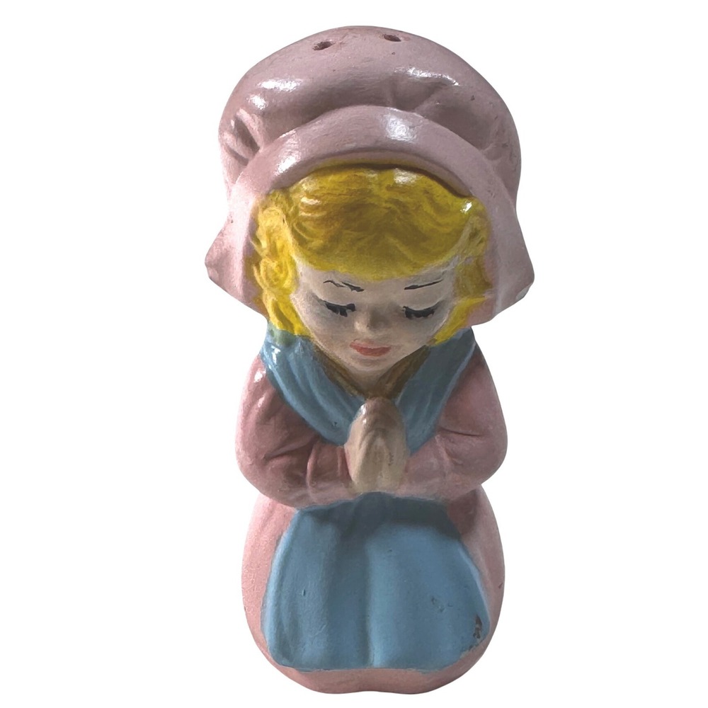 Vintage Praying Girl Salt Pepper Shaker Ceramic Pink Blue Yellow